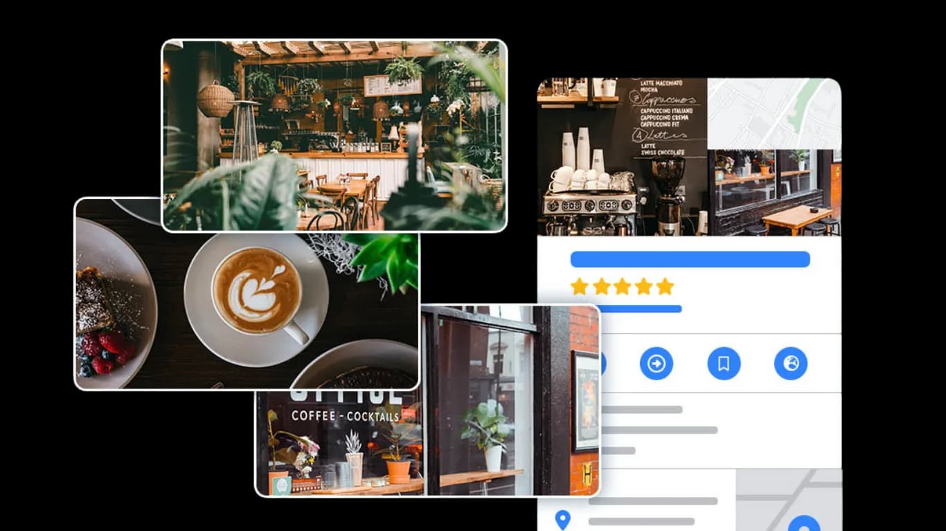 Fiche Google Business d'un café : photos du commerce, note en étoiles et emplacement sur la carte