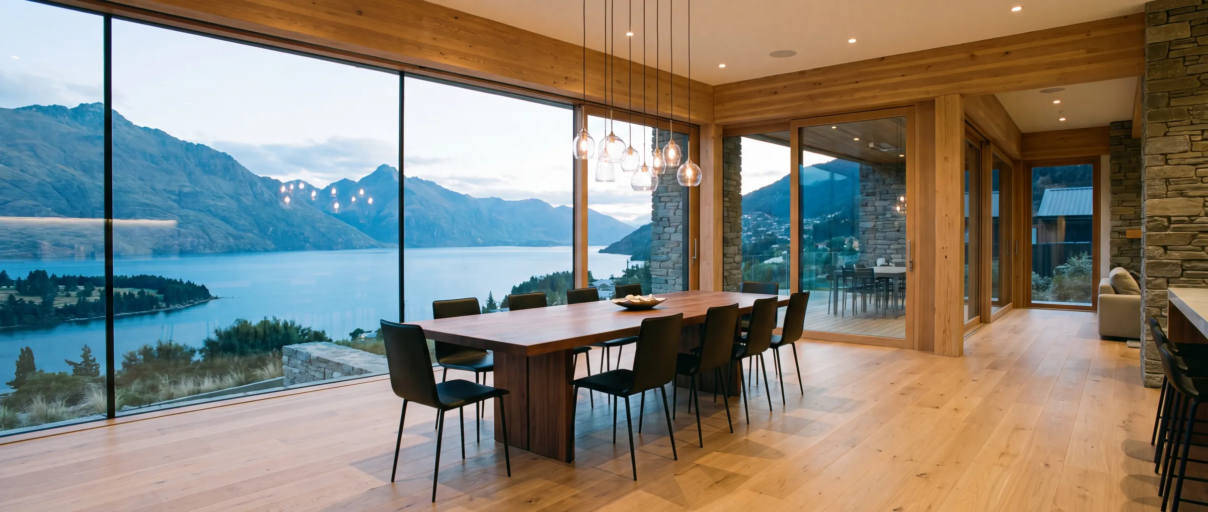 Salle à manger en noyer massif face à un lac alpin