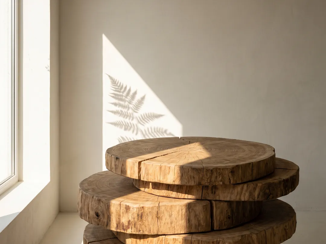 Rondelles de chêne empilées dans la lumière de l'atelier