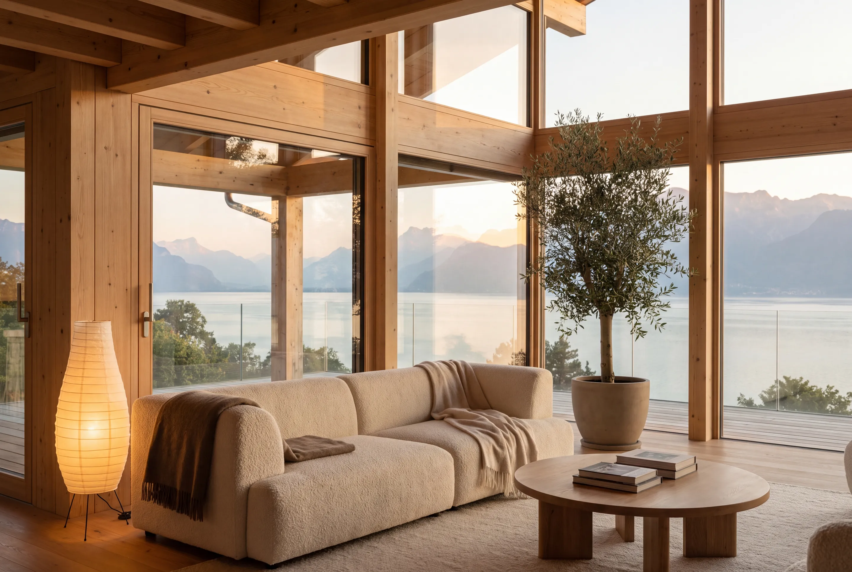 Séjour d'une maison en ossature bois ouvert sur le lac Léman