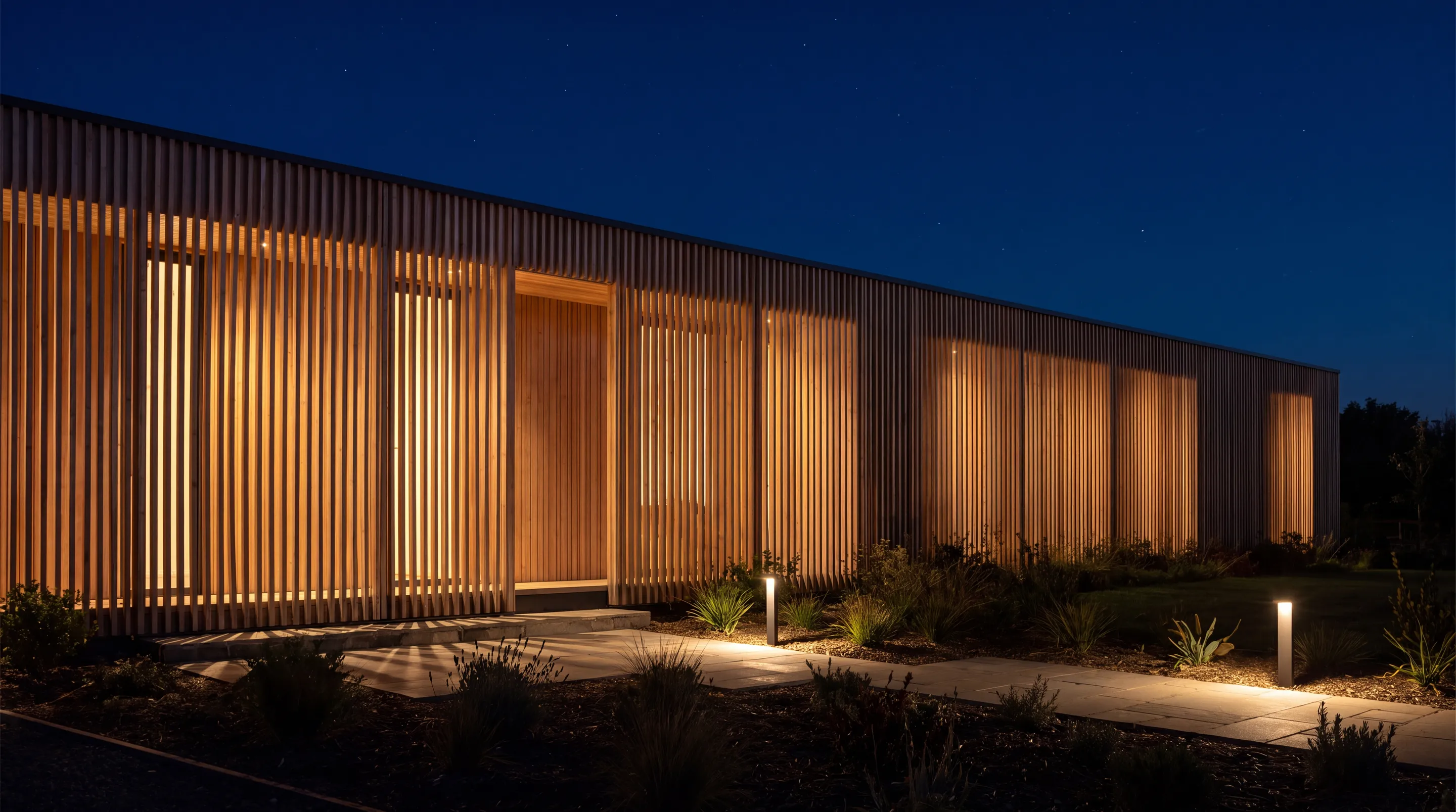 Façade en lattes de mélèze éclairée de l'intérieur, la nuit