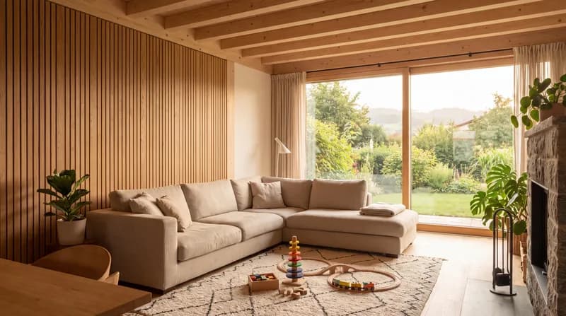 Séjour lumineux d'une maison familiale en ossature bois