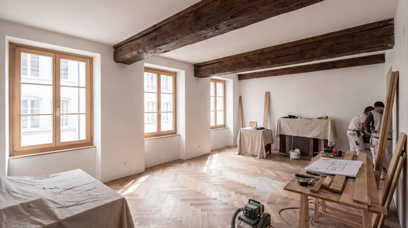 Appartement ancien en cours de rénovation, poutres restaurées