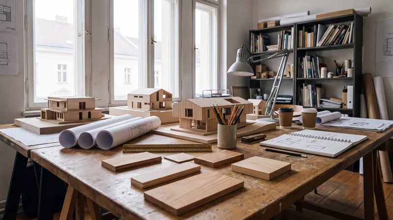 Maquettes de bois et plans sur la table de l'atelier