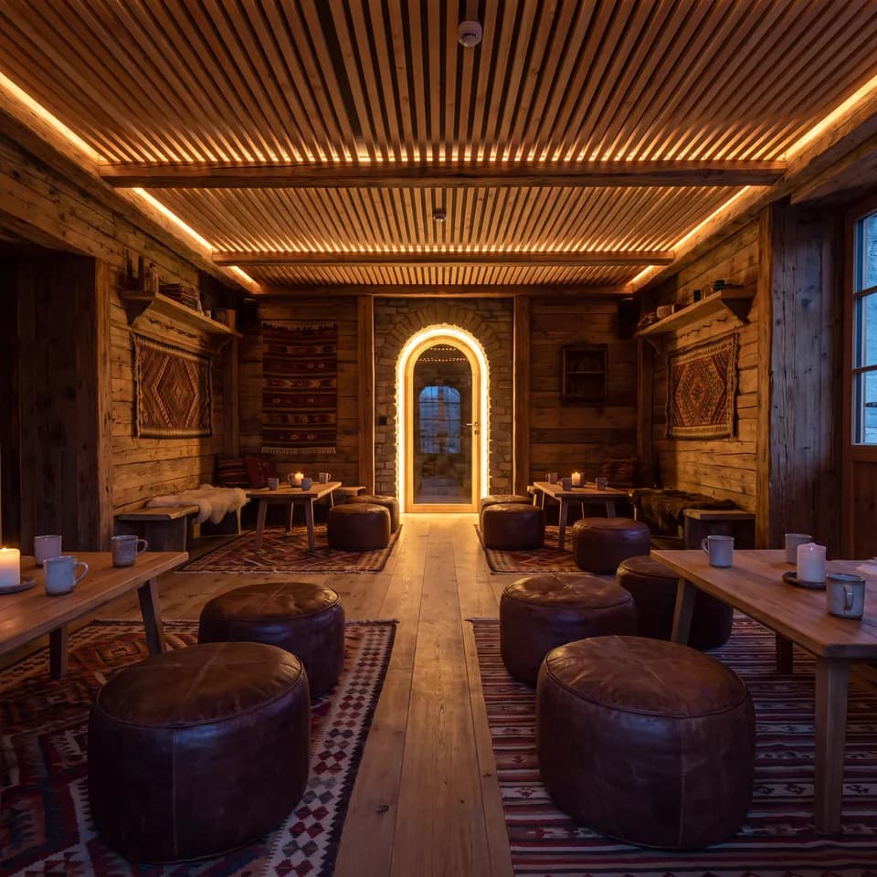 Salon chaleureux au plafond de lattes de mélèze