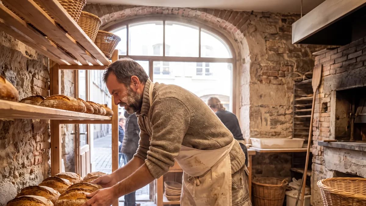 Boulanger rangeant des pains au levain sur des étagères en bois
