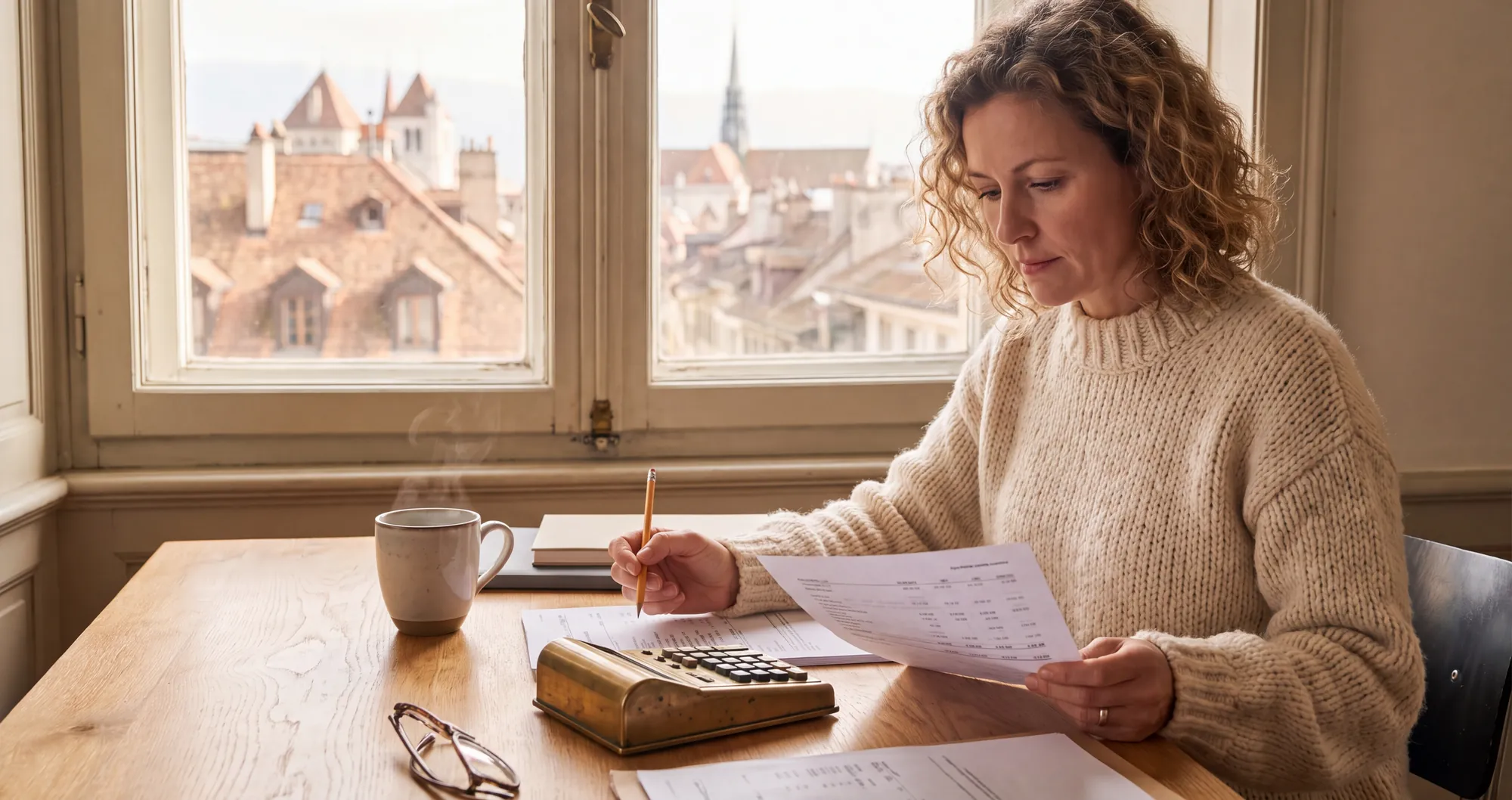 Une comptable vérifie un bilan à côté d'une calculatrice en laiton