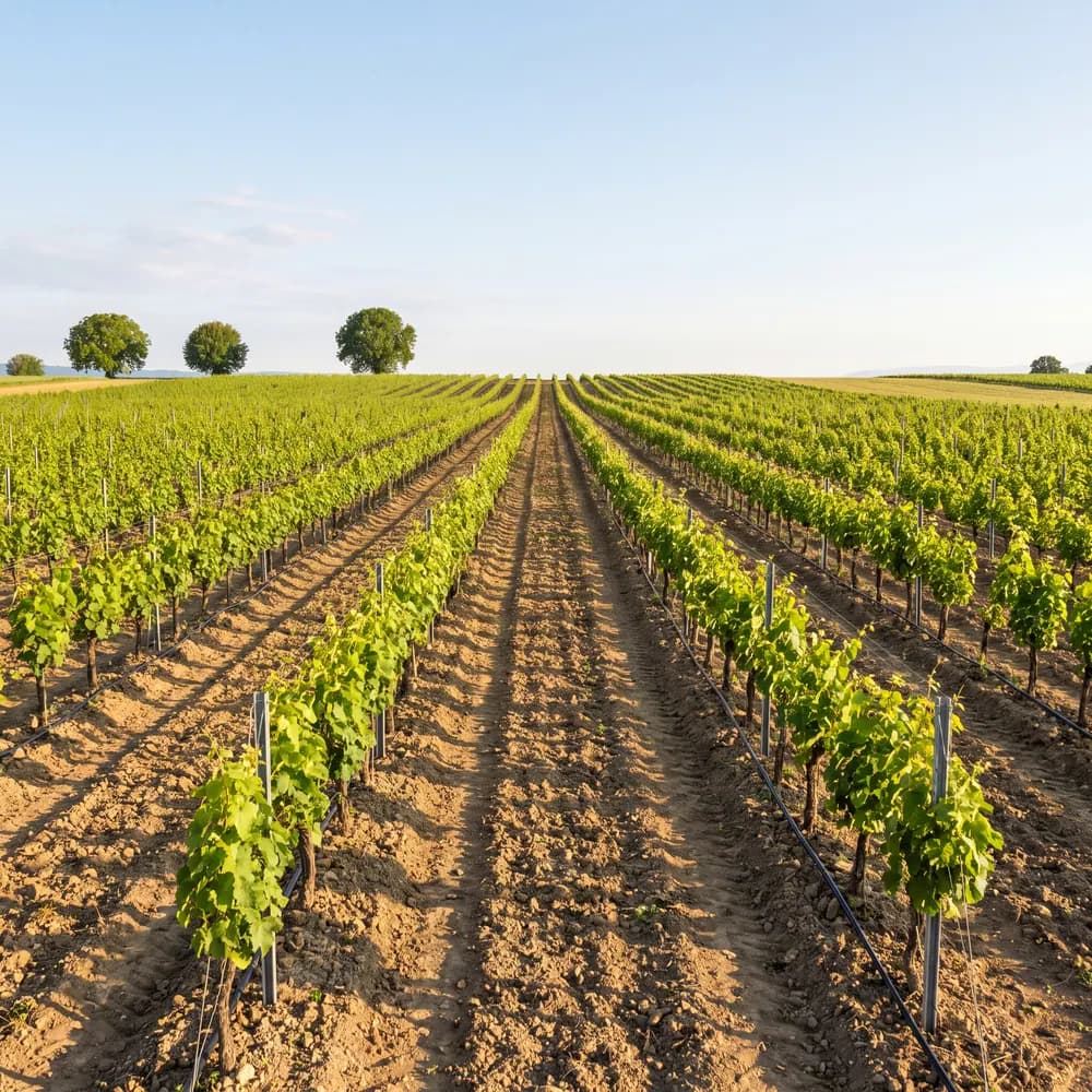 Rangs de jeunes plants alignés dans la campagne du Nord vaudois