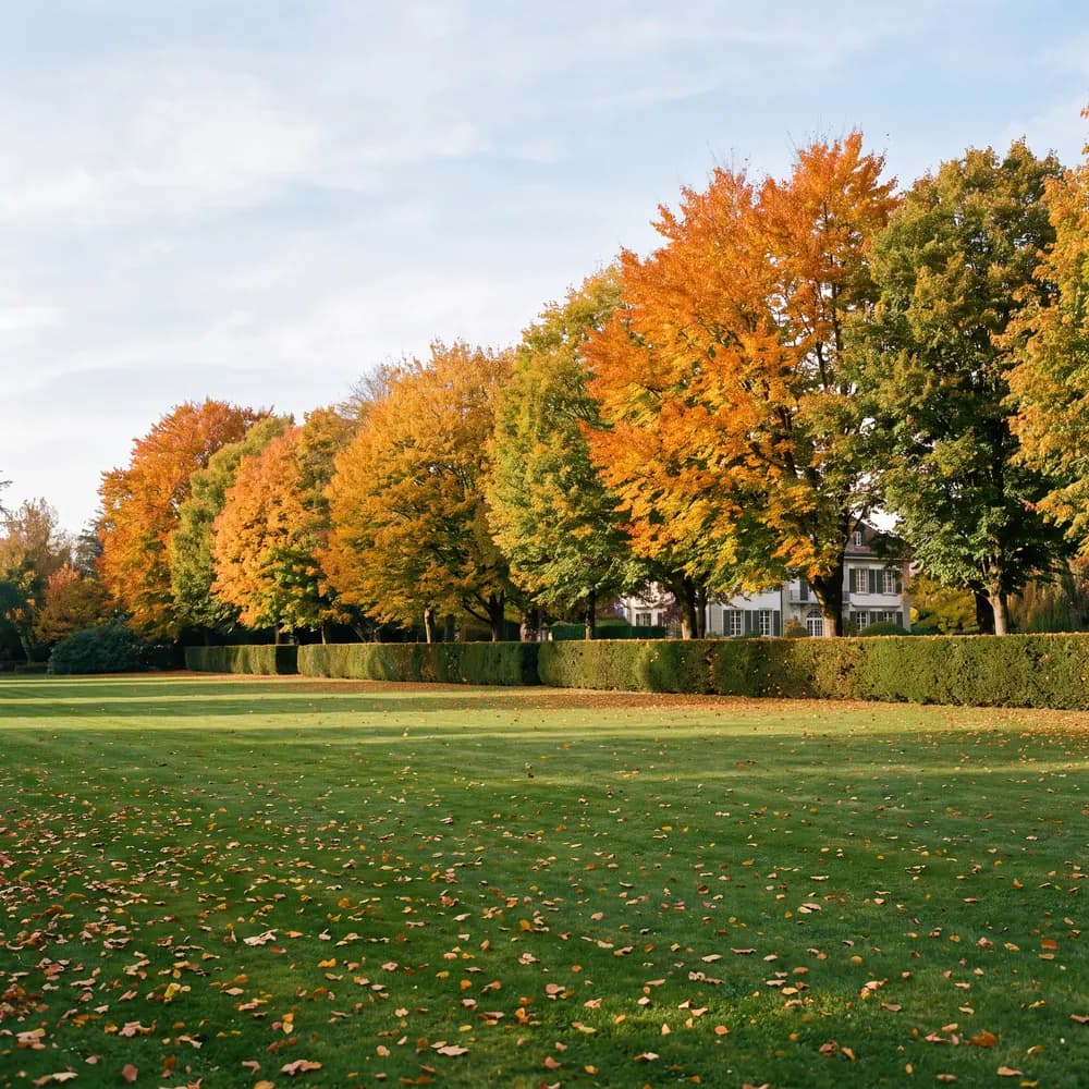 Pelouse bordée d'arbres aux couleurs d'automne à Versoix