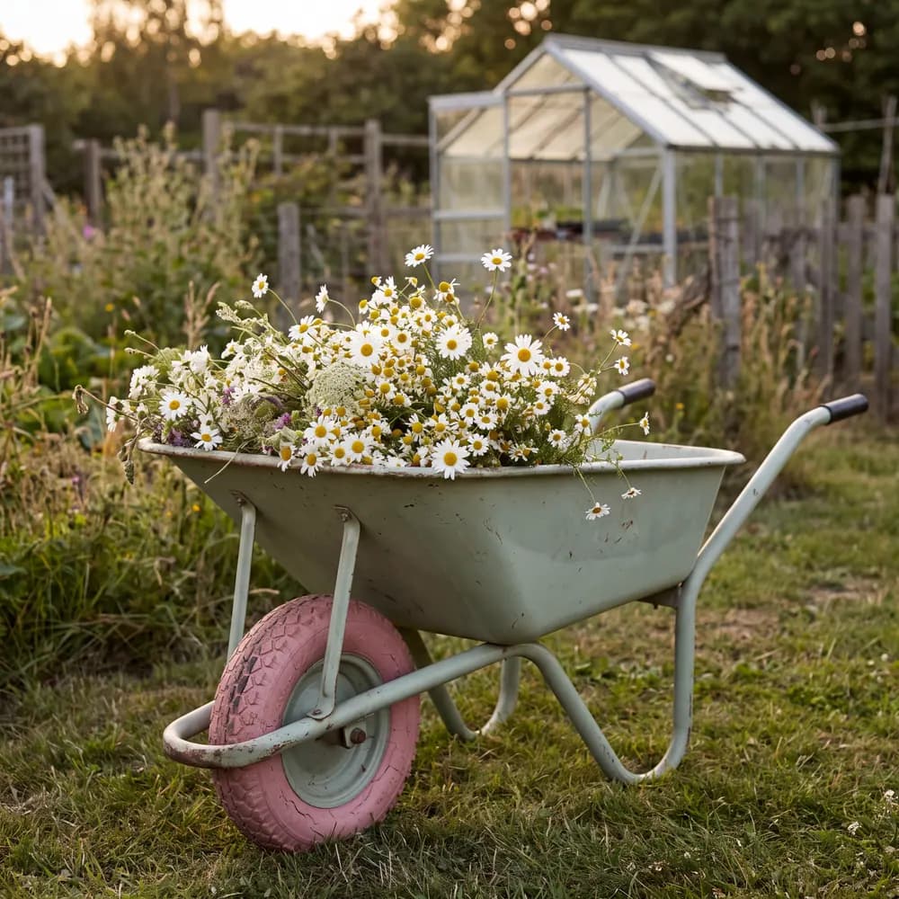 Brouette remplie de marguerites fraîchement coupées