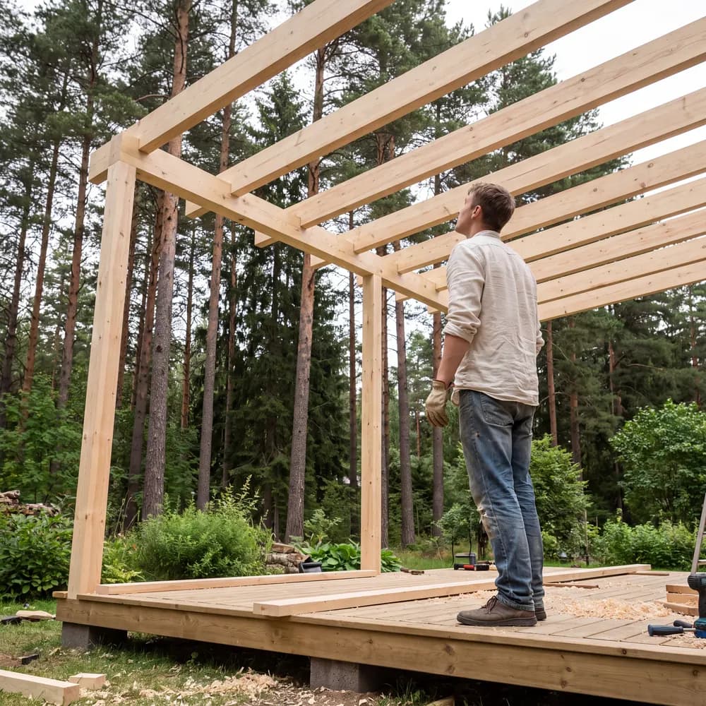 Pergola en bois clair tout juste montée dans un jardin