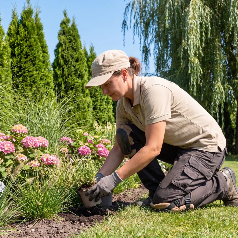 Jardinier à genoux qui plante des vivaces dans un massif