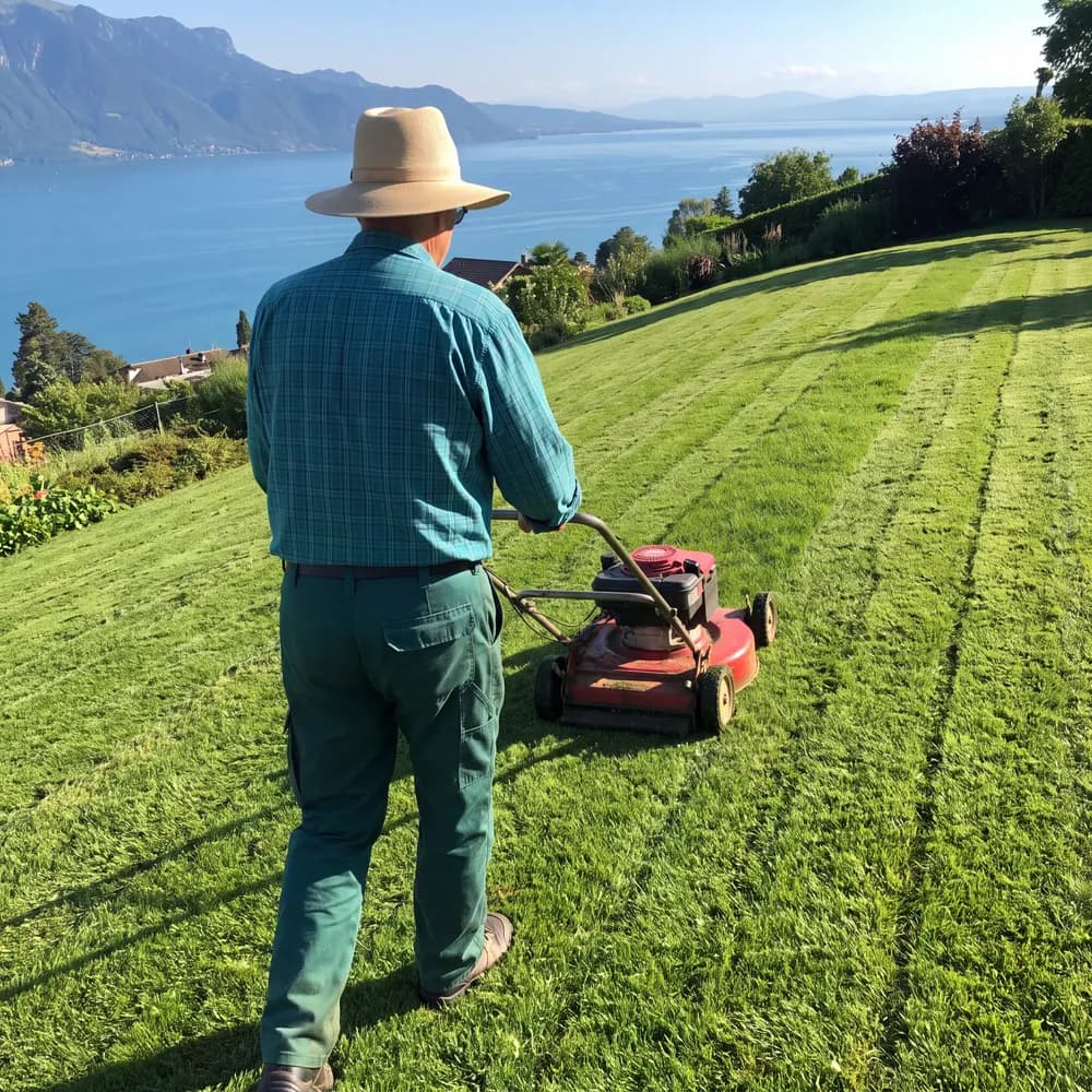 Jardinier au chapeau qui tond un talus au-dessus du lac
