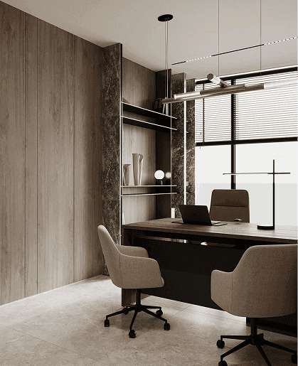 Bureau habillé de bois avec rangements intégrés et éclairage