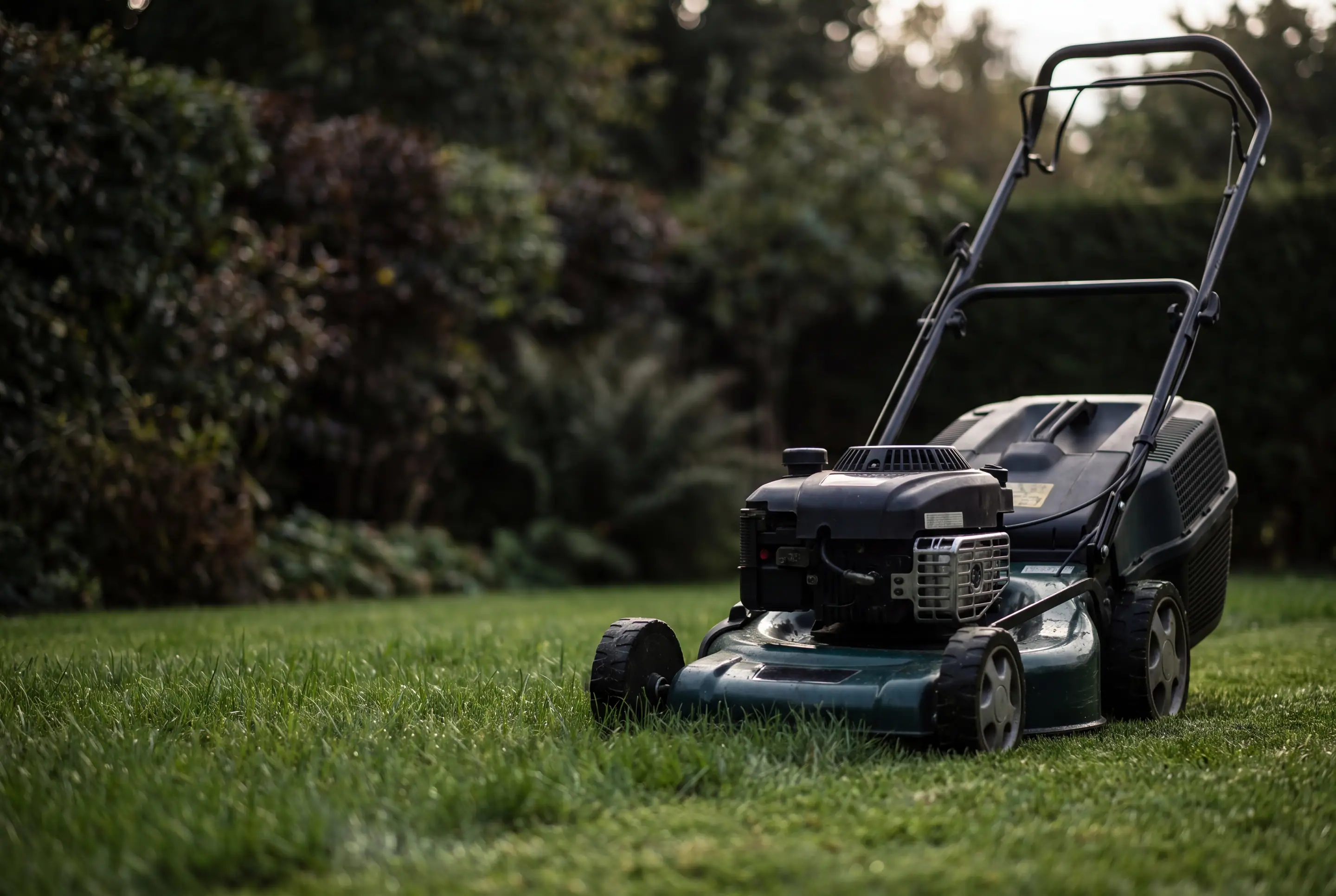 Tondeuse sur une pelouse fraîchement tondue dans un jardin de Grandson