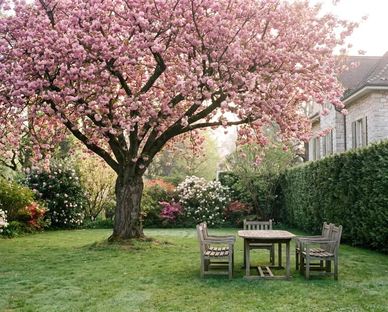 Cour plantée d'un cerisier du Japon en fleurs, avec sa table de jardin