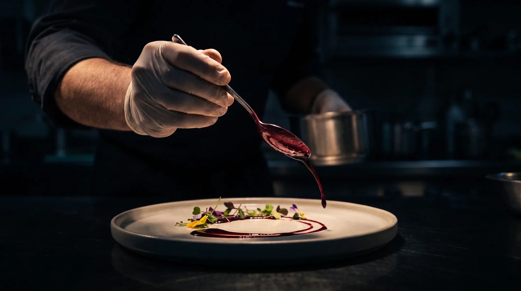 Le chef trace un ruban de sauce sur une assiette